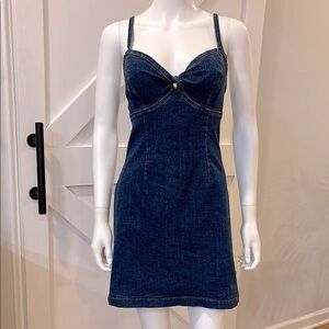 FINAL PRICE! Vintage Outlaw Denim Twist Front Darted Zip Up Back Mini Jean Dress